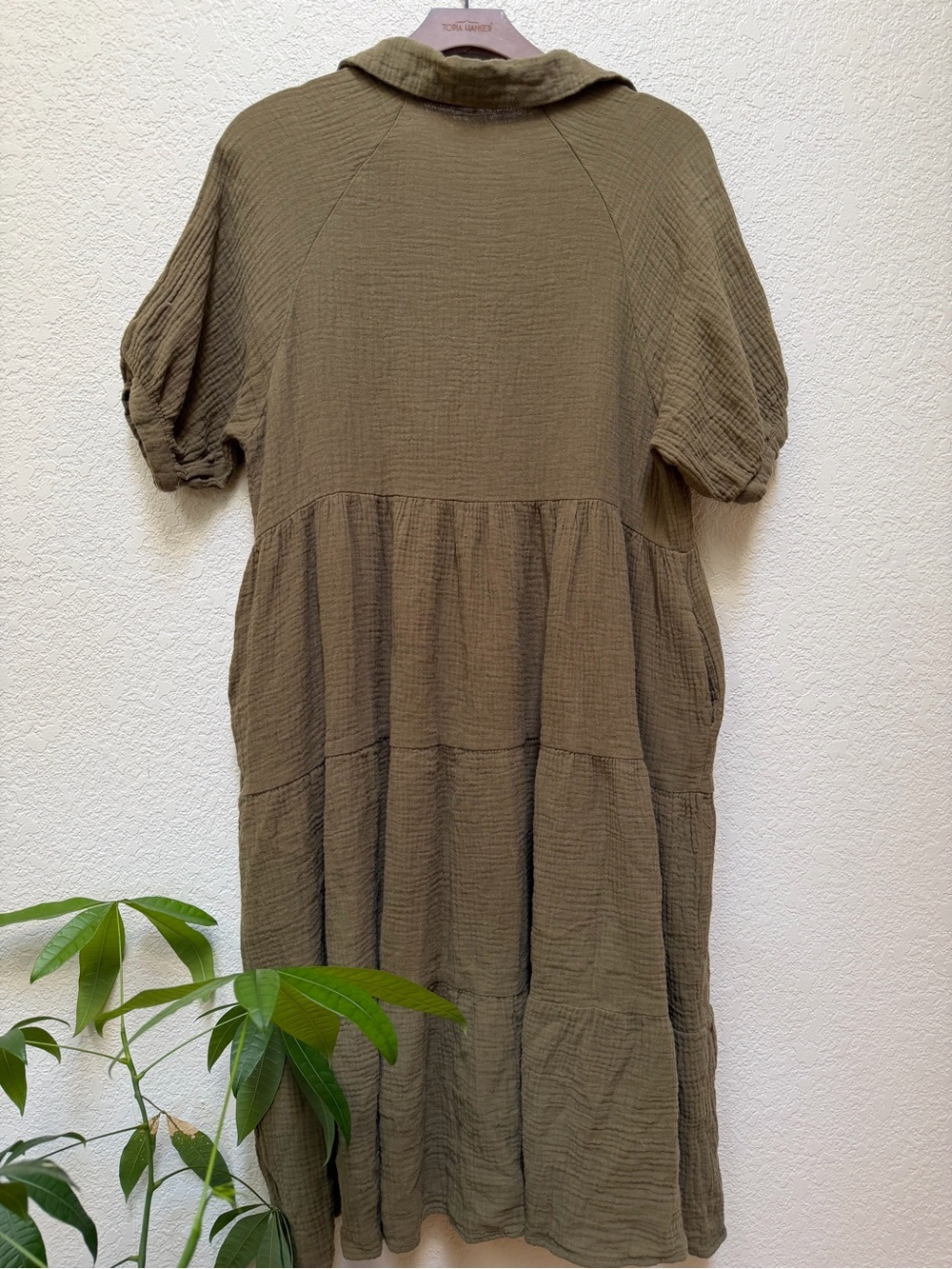 R. Vivimos Olive 100% Cotton Gauze Tiered Shirt Dress S Pockets - Picture 2 of 6